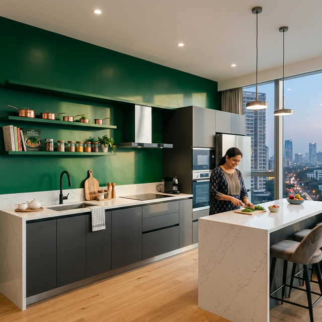 Maple Paints texture finish — modern high-rise kitchen interior India